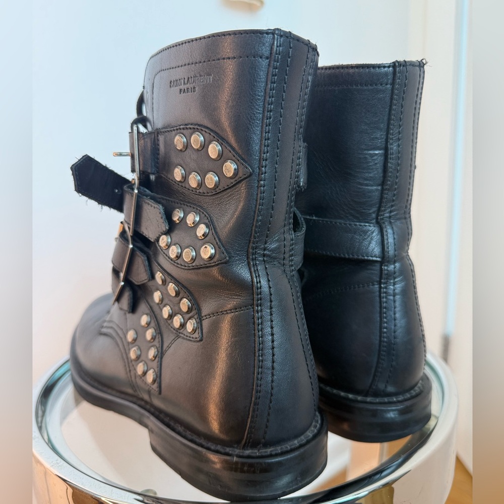 Saint Laurent Smooth Calfskin Studded Strap Rangers Boots | Size 37.5 - Picture 3 of 10